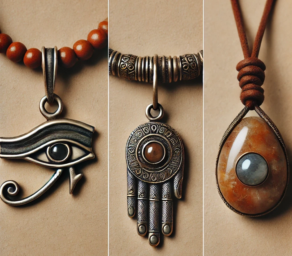 Modèles de talismans de protection : un pendentif en forme d'Œil d'Horus, un bracelet avec un charm en forme de Main de Fatima, et une amulette en pierre naturelle suspendue à un cordon en cuir.