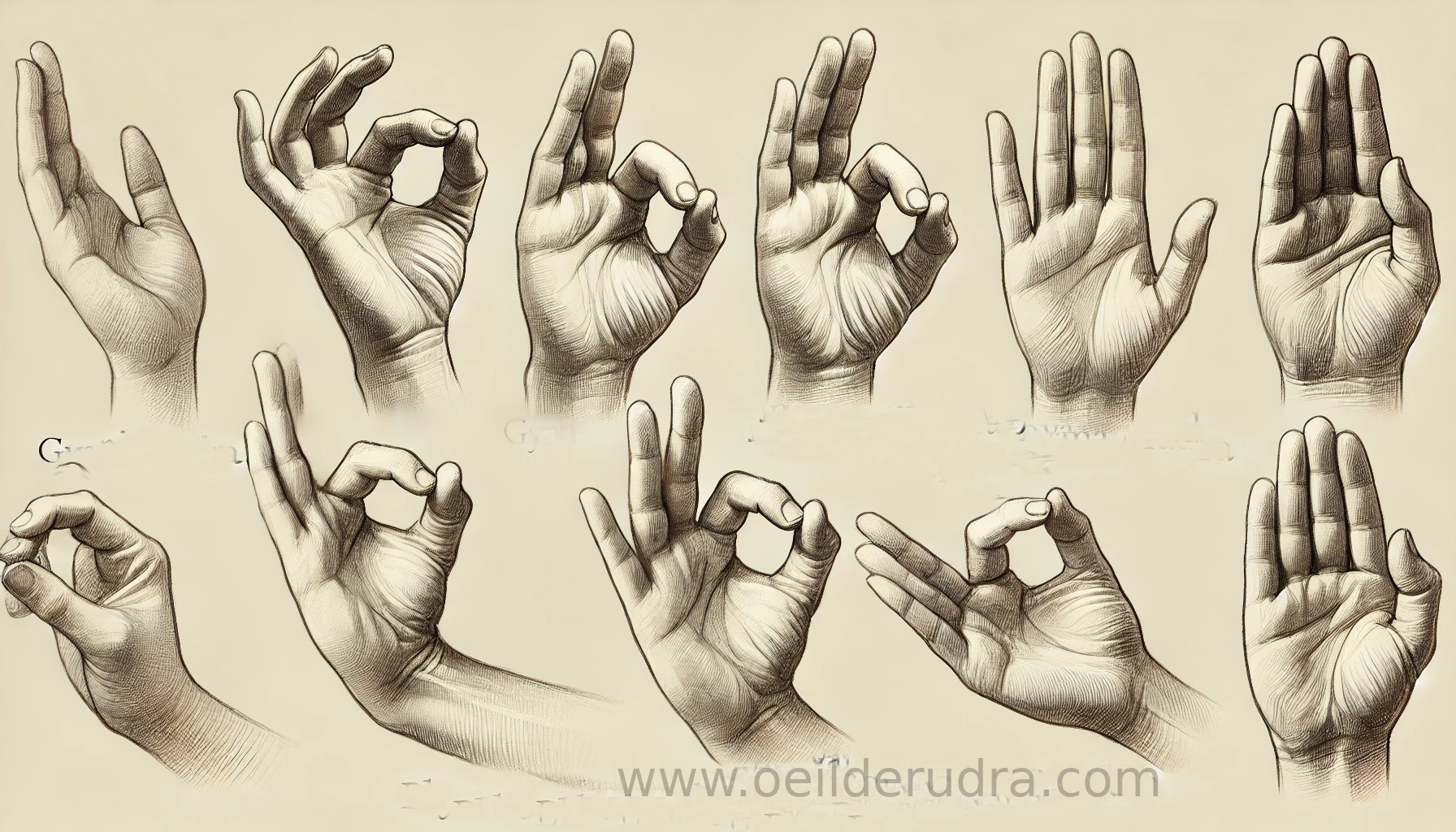 Illustration de 5 Mudras authentiques en esquisse crayon pour yoga et méditation