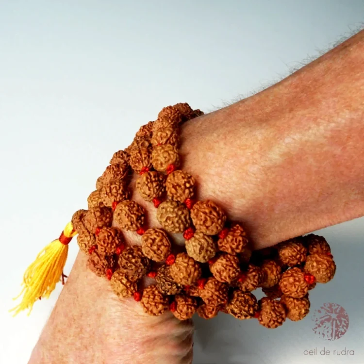 mala tibetain en rudraksha porté au poignet