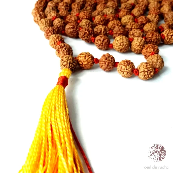 Mala tibétain en graines de rudraksha à 5 faces, utilisé pour la méditation et la spiritualité.