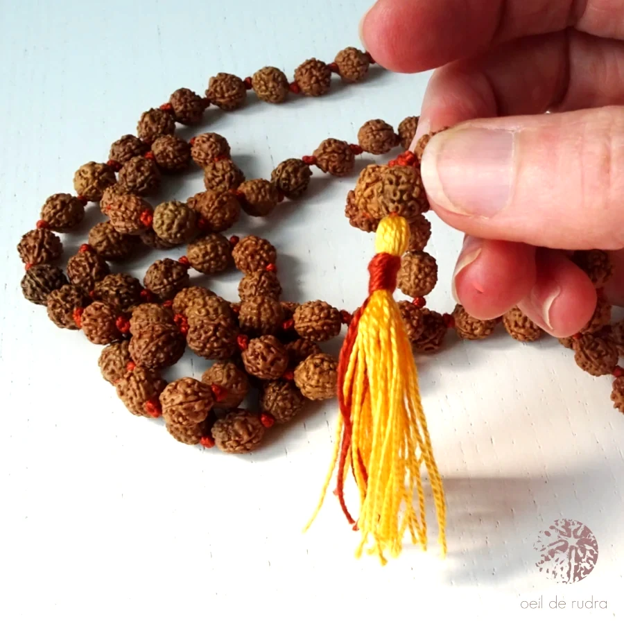 Main de femme tenant la perle guru en rudraksha d'un mala