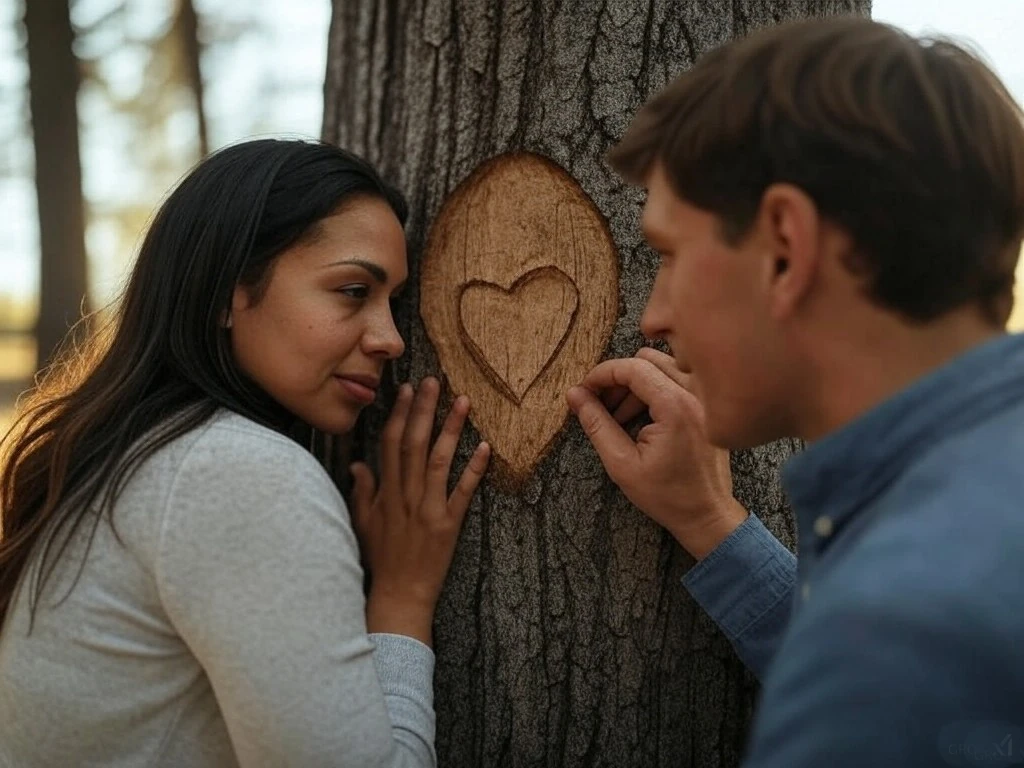 1 femme et 1 homme entrain de sculpter un coeur sur un tronc d'arbre.